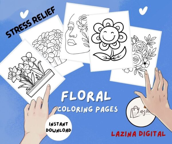 Printable Floral Coloring Pages – 54 Large Flower Designs for Stress Relief and Creativity, for Adults and Kids