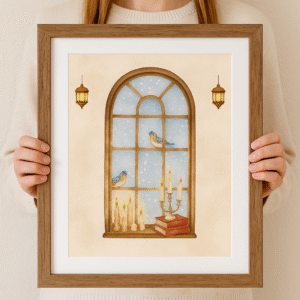 Printable Winter Wall Art – Cozy Snowy Window Scene with Birds, Candles, and Books in Rustic Style