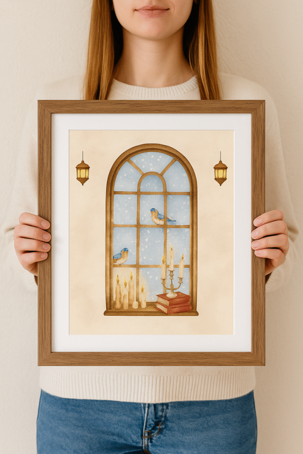 Printable Winter Wall Art – Cozy Snowy Window Scene with Birds, Candles, and Books in Rustic Style