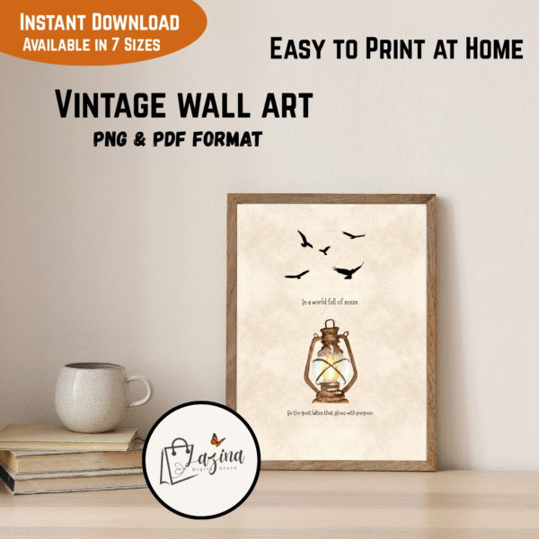Printable Vintage Lantern Wall Art with "Glow with Purpose" Quote – Neutral Boho Rustic Inspirational Decor