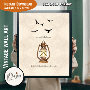 Printable Vintage Lantern Wall Art with "Glow with Purpose" Quote – Neutral Boho Rustic Inspirational Decor