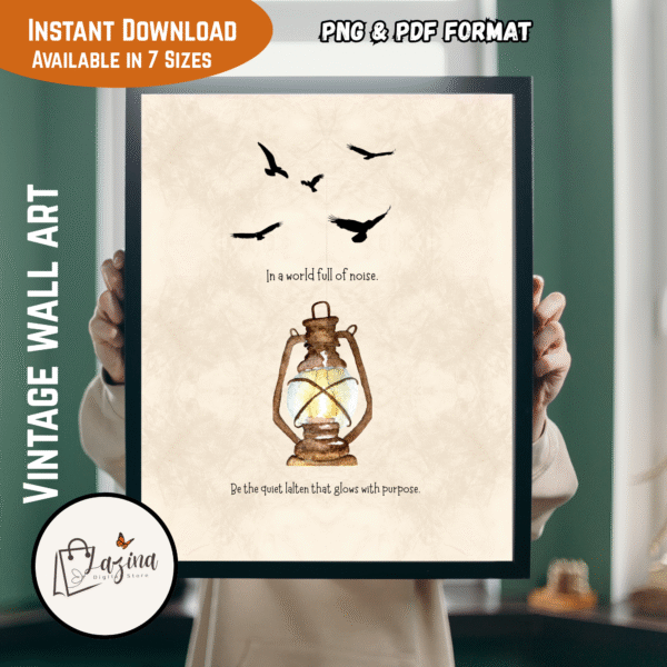 Printable Vintage Lantern Wall Art with "Glow with Purpose" Quote – Neutral Boho Rustic Inspirational Decor