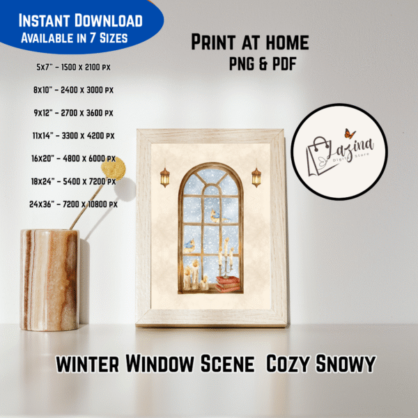 Printable Winter Wall Art – Cozy Snowy Window Scene with Birds, Candles, and Books in Rustic Style