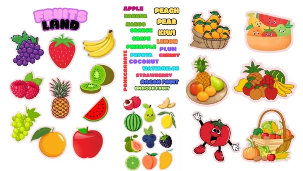 40+ cute fruit stickers with colorful names | printable png & pdf | digital stickers for planners, scrapbooks, journals, crafts, printable