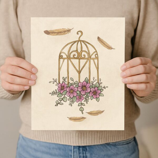 Printable Vintage Floral Birdcage Wall Art in Soft Pastel Colors – Elegant Shabby Chic Home Decor