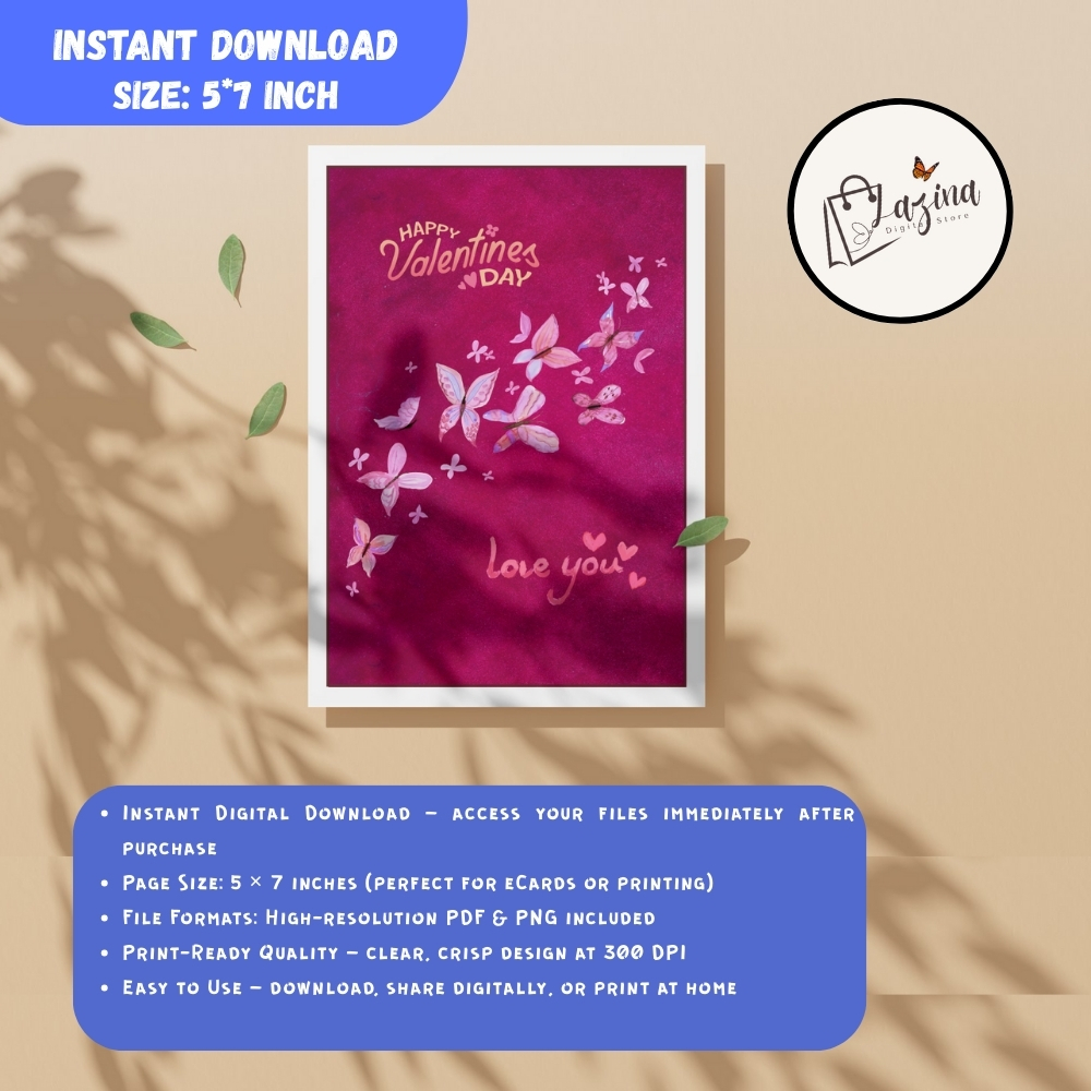 magenta butterfly valentine ecard | 5×7 printable | instant digital download magenta butterfly valentine ecard | 5×7 printable | instant digital download