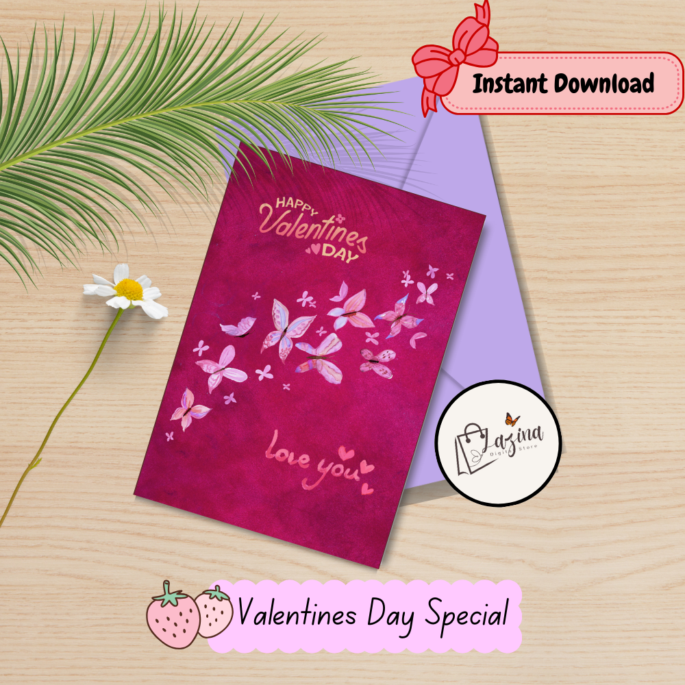 valentine’s day purple lily ecard | 5x7 printable love & appreciation card | digital download pdf png Magenta Butterfly Valentine eCard | 5×7 Printable | Instant Digital Download