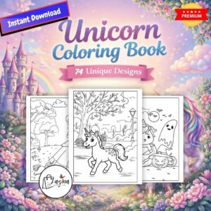 printable unicorn coloring book | coloring digital product for kids activity and dot to dot drawing workbook