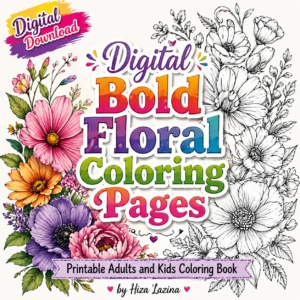 digital bold floral coloring sheets, instant download | printable adults and kids coloring book