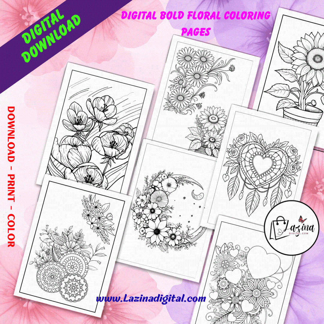 digital bold floral coloring sheets, instant download | printable adults and kids coloring book digital bold floral coloring sheets, instant download | printable adults and kids coloring book
