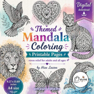 Kids Corner 24 themed mandala coloring pages printable, a4 adult coloring book pdf, intricate mandala art, stress relief coloring sheets, digital download, instant download