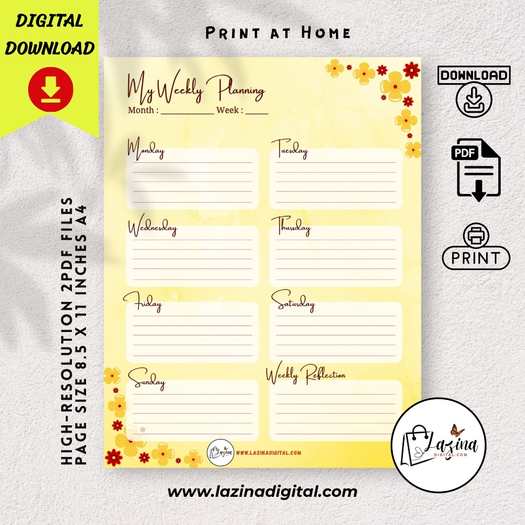Minimalist Weekly Planner Printable, Weekly Schedule, Digital Planner, Instant Download, Yellow tone - Image 4