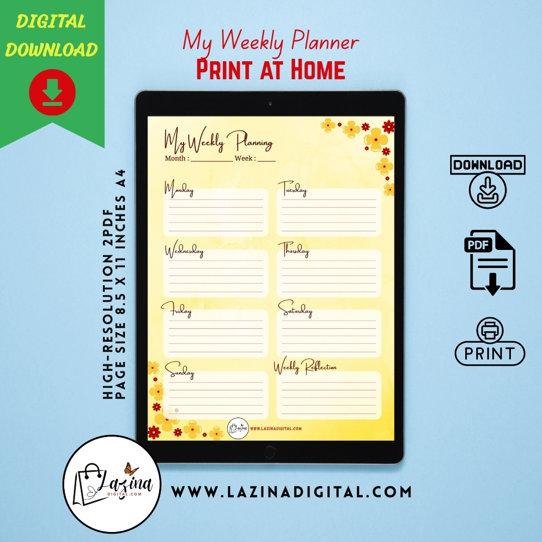 Minimalist Weekly Planner Printable, Weekly Schedule, Digital Planner, Instant Download, Yellow tone - Image 2