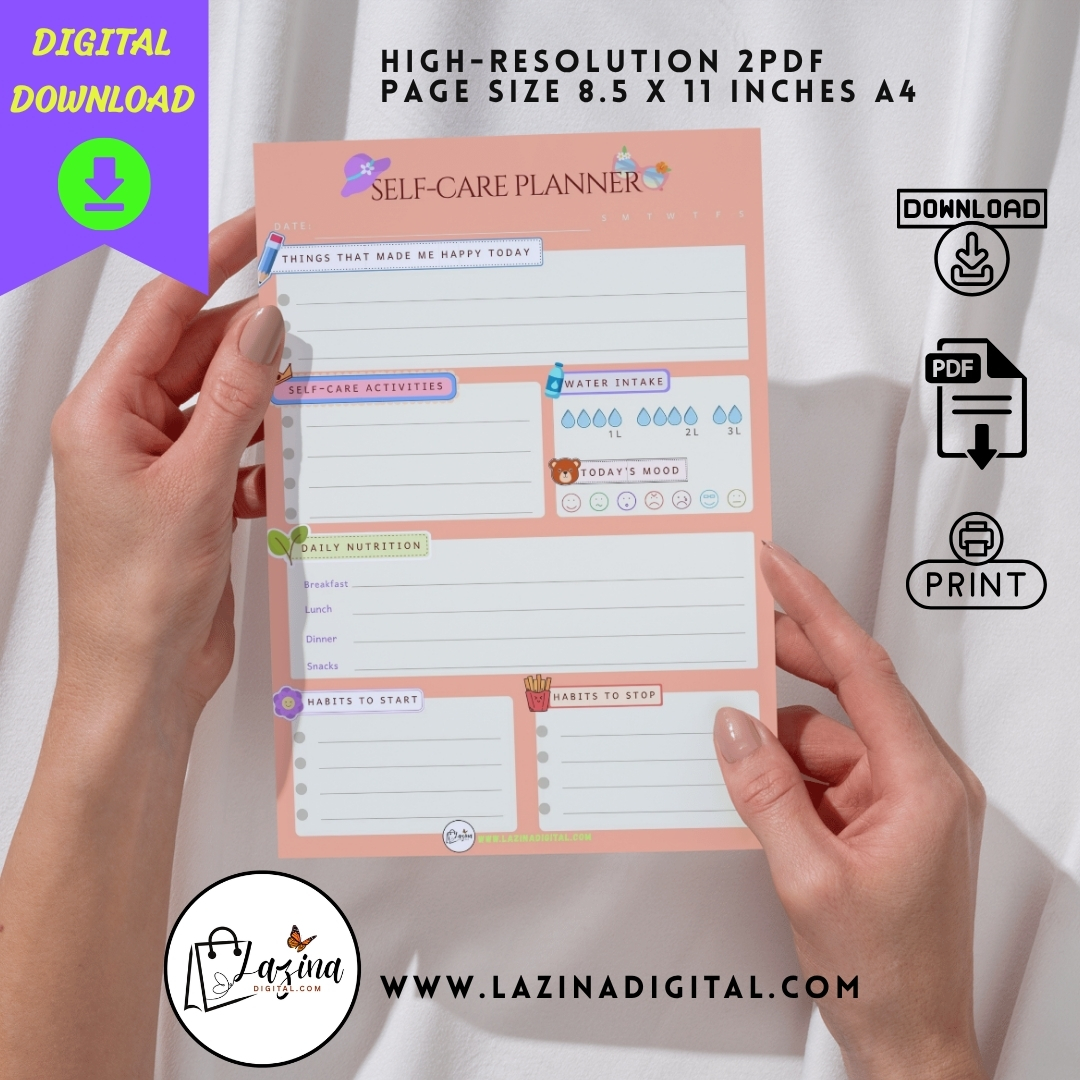 Printable Self Care Planner PDF | Digital Wellness Planner Printable | Self Improvement and Habit Tracker | Aesthetic Self Care Journal Download - Image 3