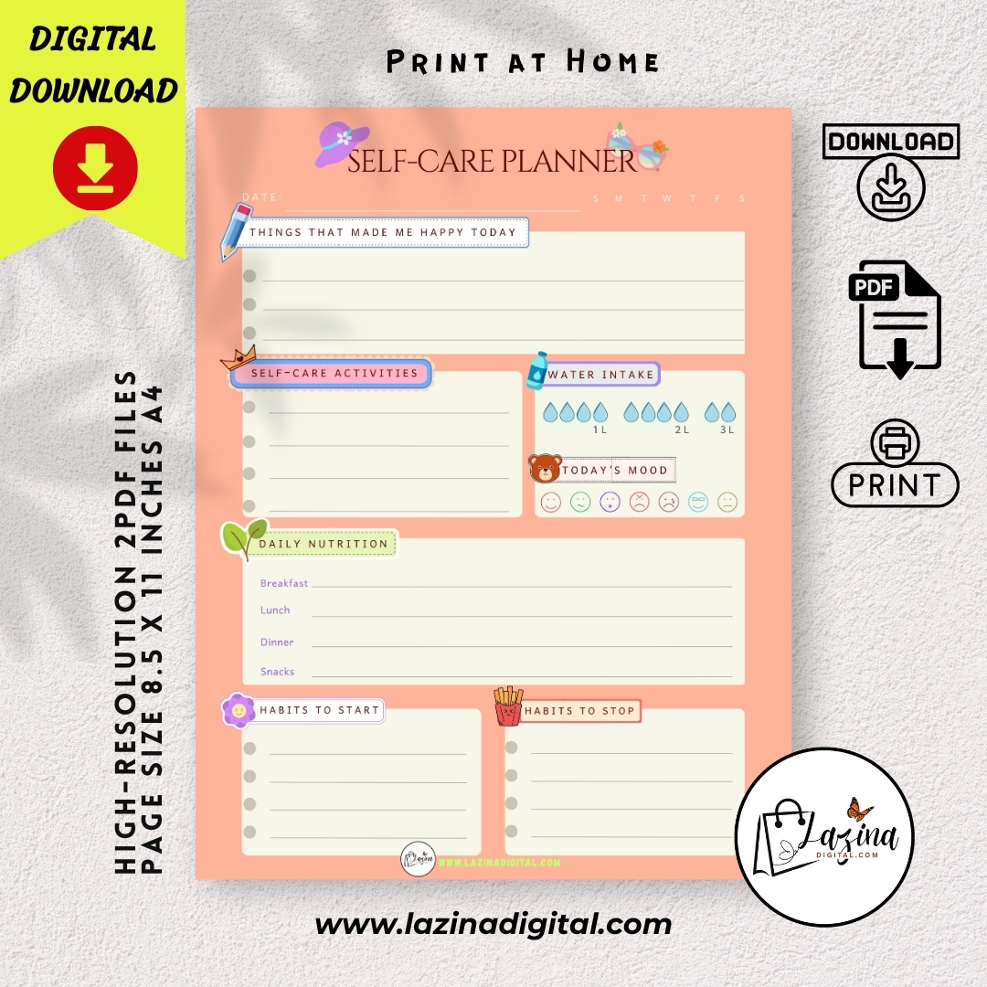 Printable Self Care Planner PDF | Digital Wellness Planner Printable | Self Improvement and Habit Tracker | Aesthetic Self Care Journal Download - Image 2