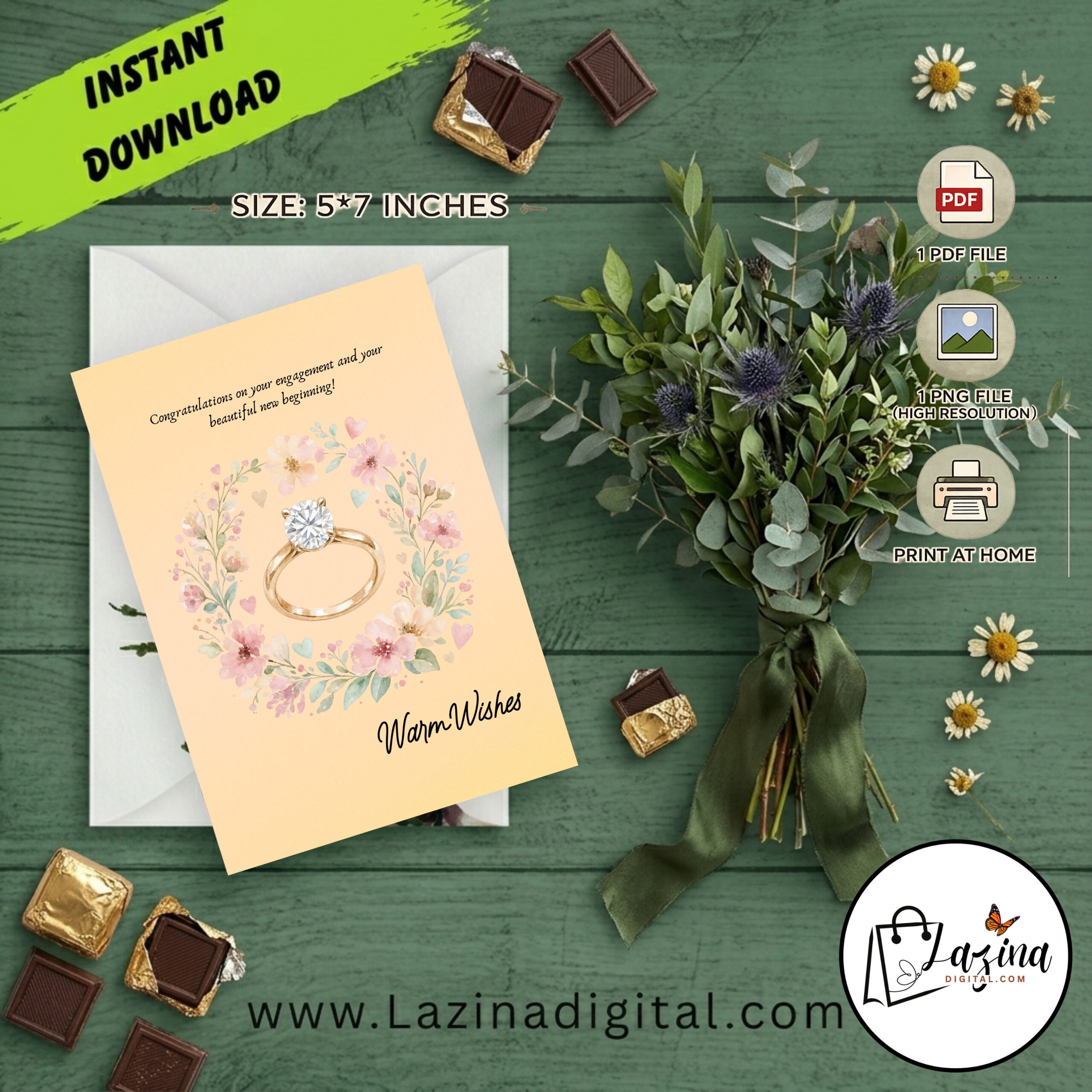 Printable Engagement Greeting Card | Congratulations Printable E-Card 5x7 | Printable Engagement Digital card - Image 2