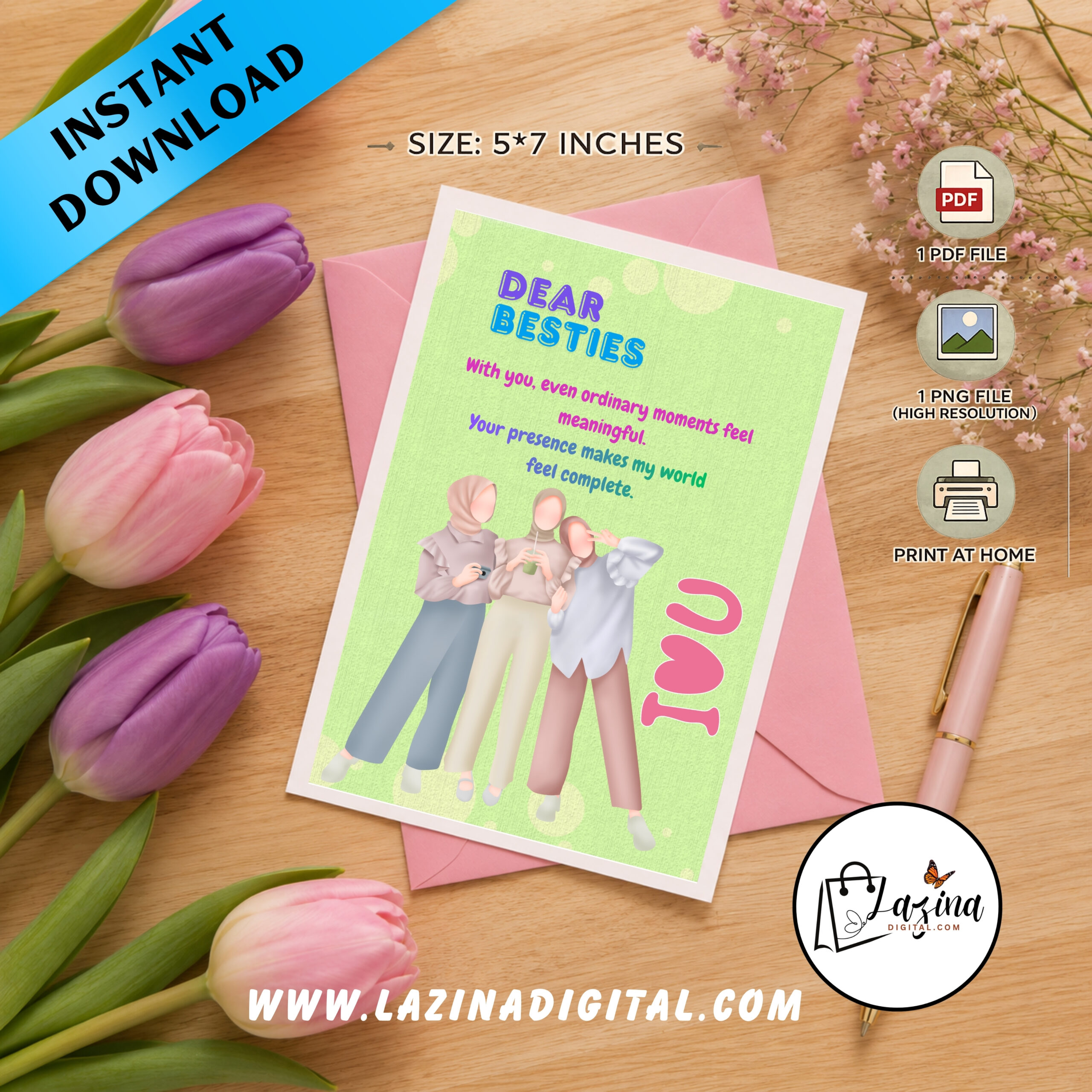 printable greeting card for besties| digital download | instant download | 5x7 printable greeting card for besties| digital download | instant download | 5x7