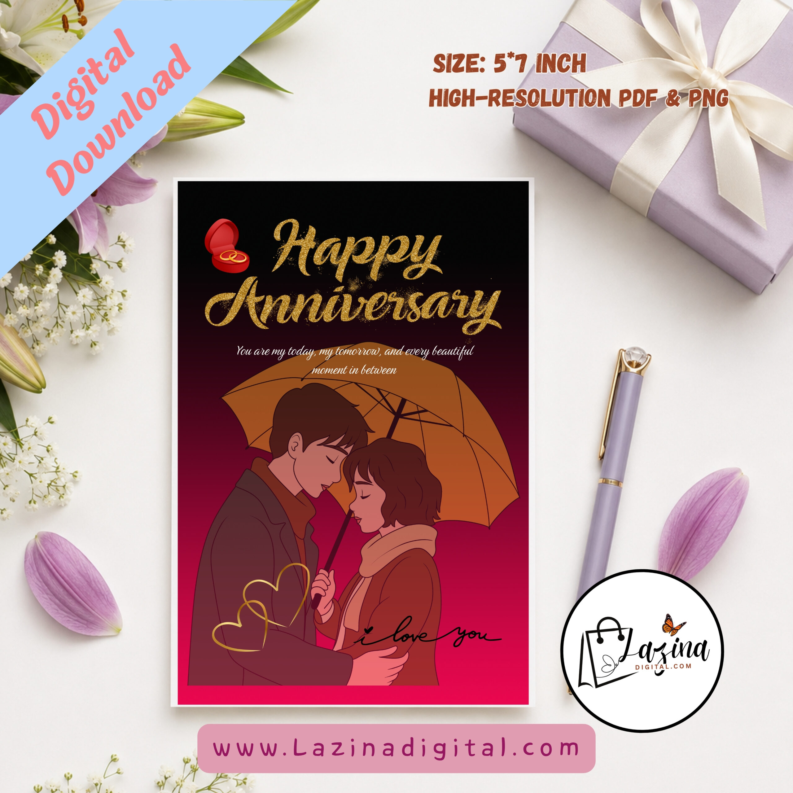 Happy Anniversary Printable Greeting Card | Elegant Anniversary Wishes | Digital Download | PDF & PNG