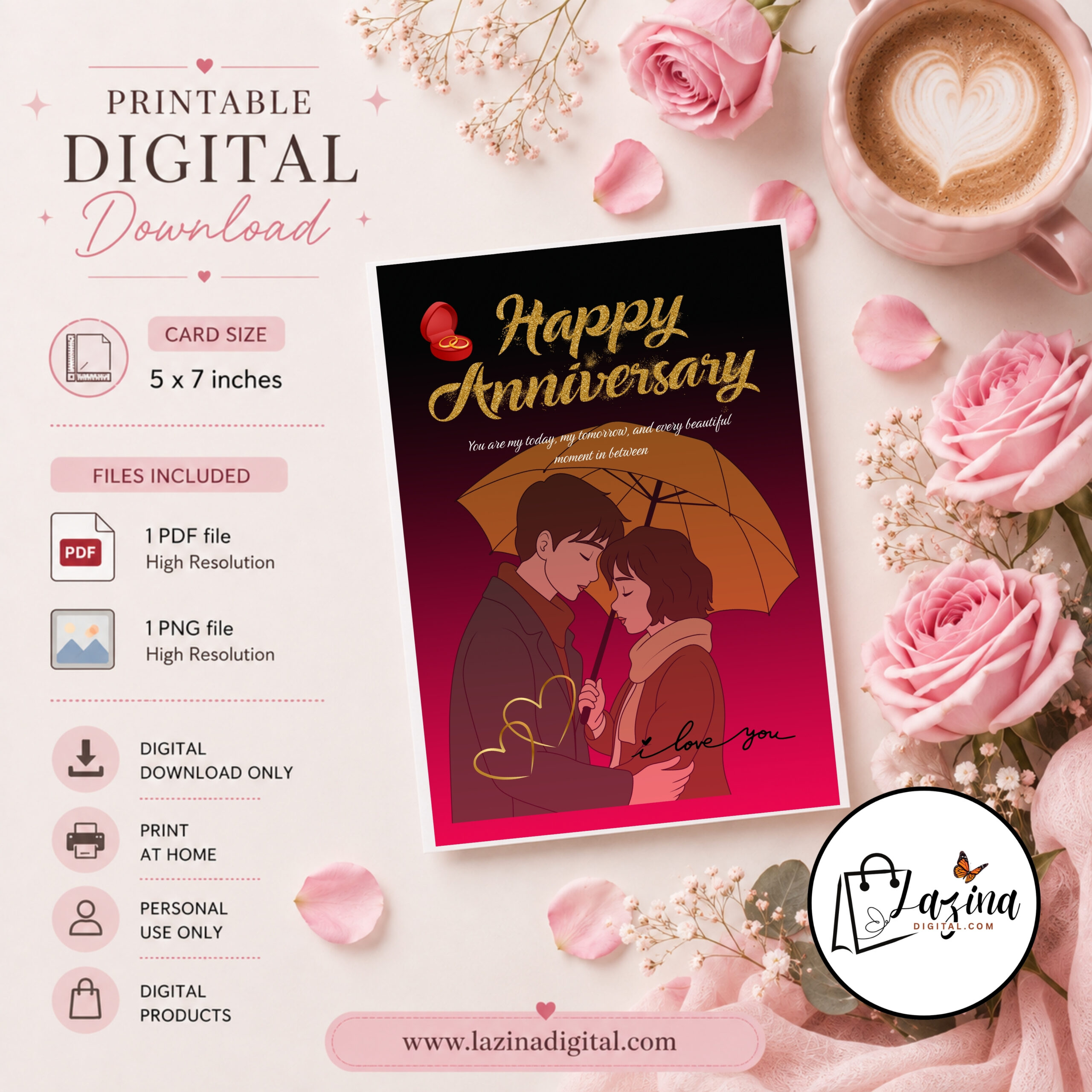 Happy Anniversary Printable Greeting Card | Elegant Anniversary Wishes | Digital Download | PDF & PNG