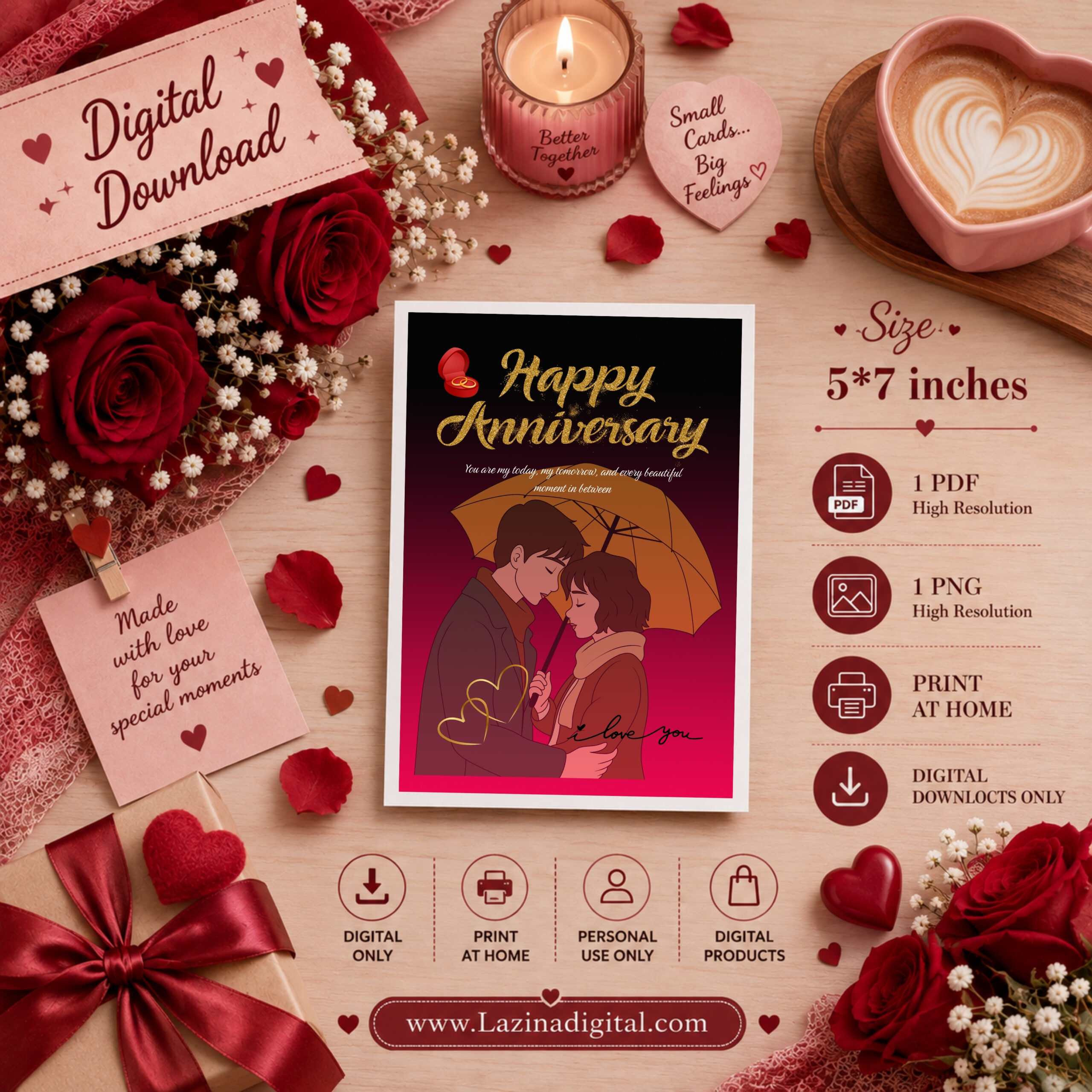 Happy Anniversary Printable Greeting Card | Elegant Anniversary Wishes | Digital Download | PDF & PNG