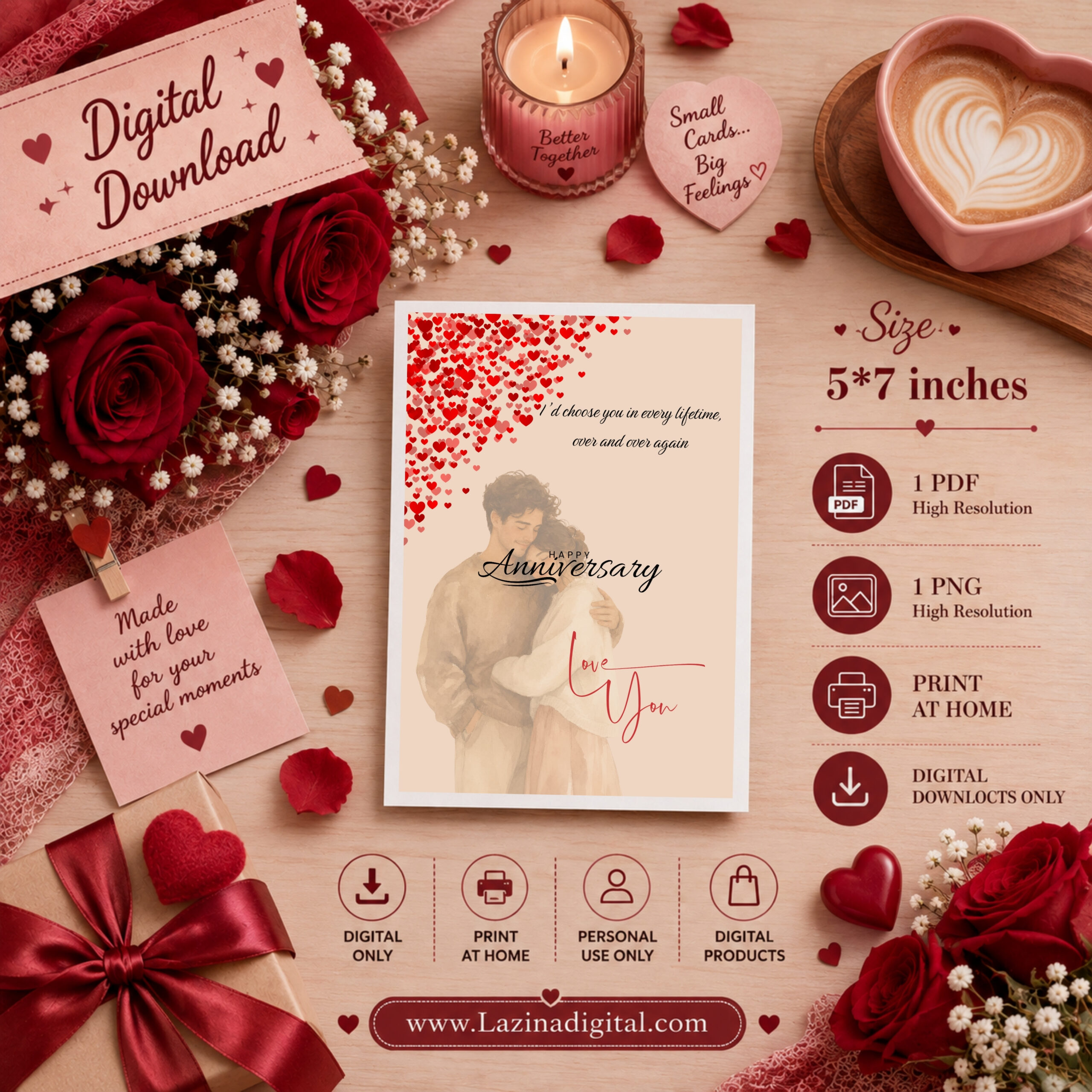 Romantic Rose Petal Anniversary Card | Elegant Printable Anniversary Greeting Card| Digital Download | PDF & PNG - Image 2