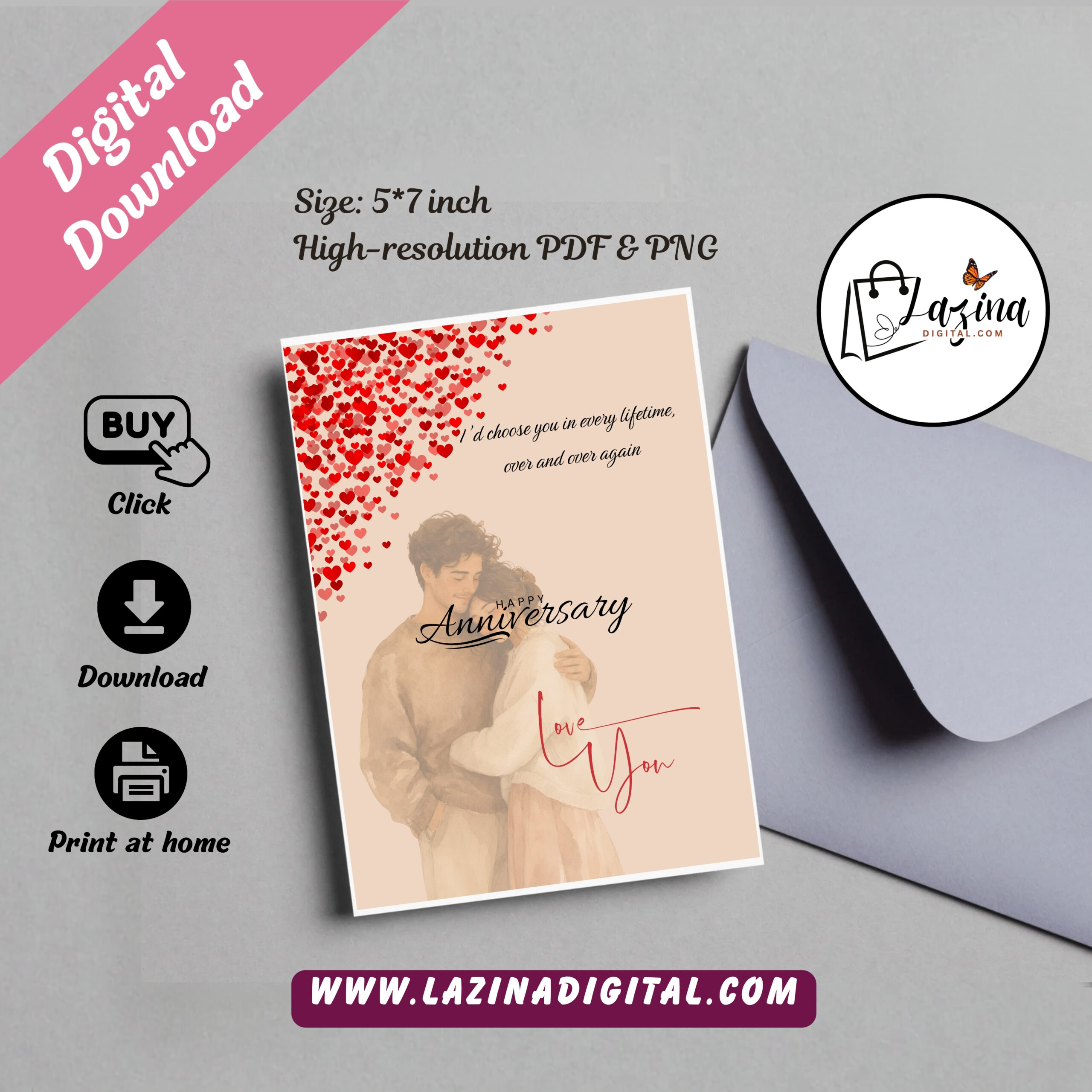 Romantic Rose Petal Anniversary Card | Elegant Printable Anniversary Greeting Card| Digital Download | PDF & PNG - Image 4