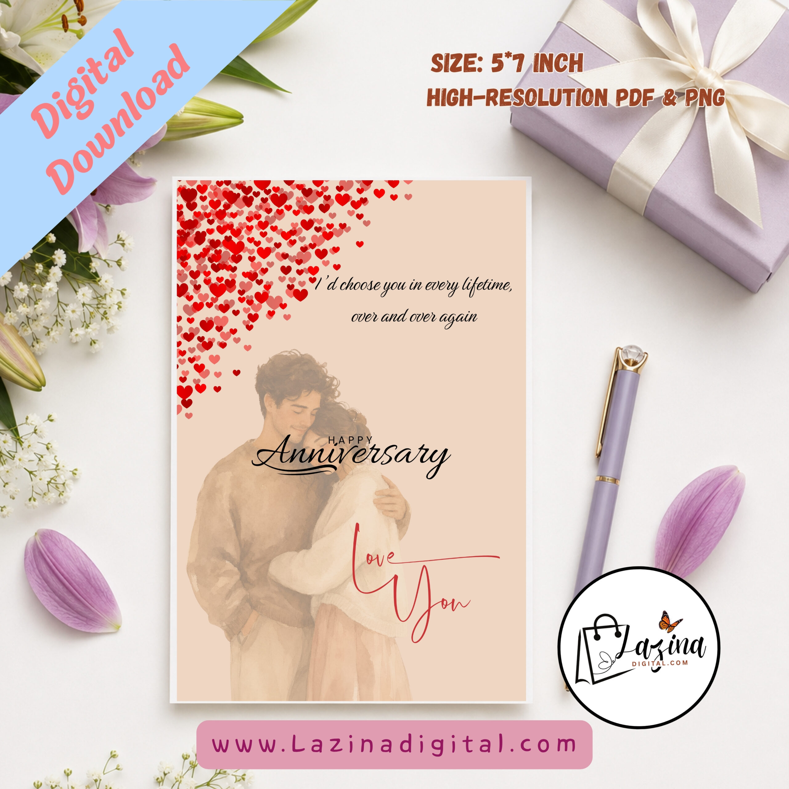 Romantic Rose Petal Anniversary Card | Elegant Printable Anniversary Greeting Card| Digital Download | PDF & PNG - Image 5